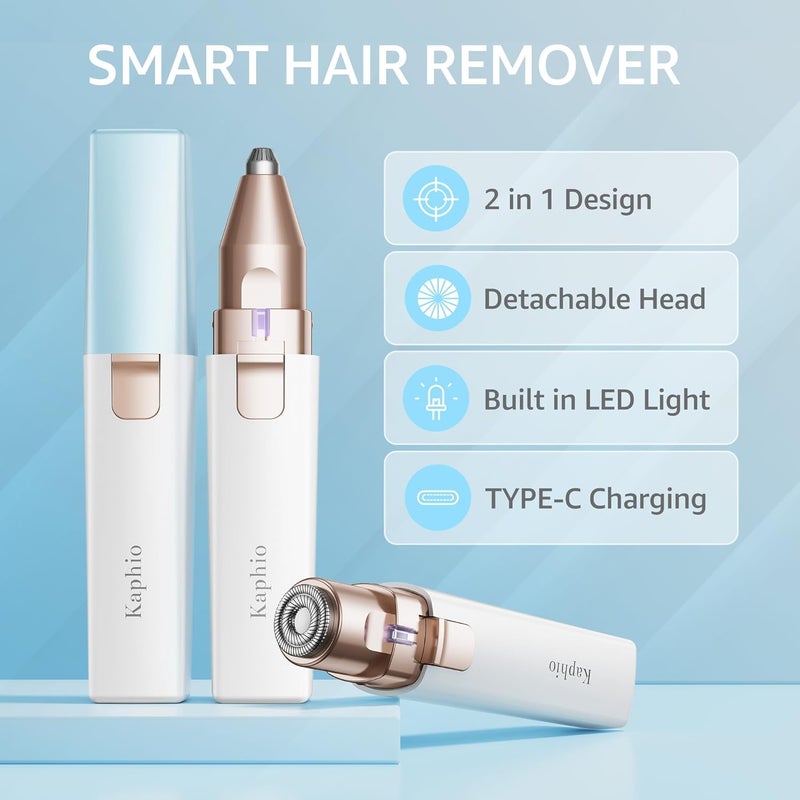 Kaphio Facial Hair Removal for Women: 2 in 1 Electric Hair Removal Device for Chin Upper Lip Peach Fuzz & Rechargeable Eyebrow Trimmer for Shape Brows with Light (Blue) - Image 5